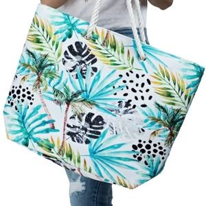 TROPICAL ABSTRACT PRINT LEAF AND PALM TREE DESIGN TOTE BAG 21X15